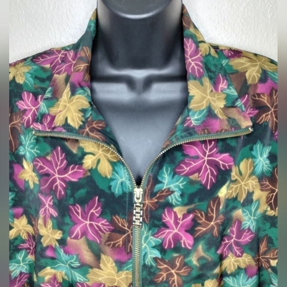 VTG 80s 90s Teddi Women's XL Satin Bomber Jacket AOP Leaf Full Zip Shoulder Pads - Picture 3 of 10